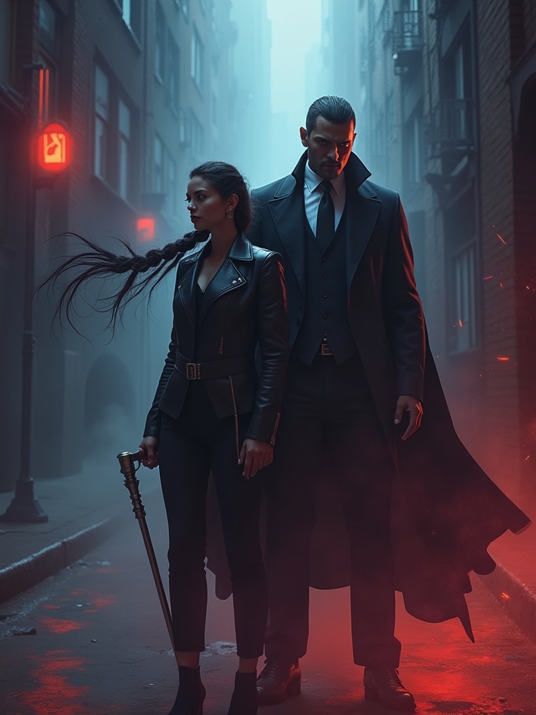 In an atmospheric alley bathed in a moody, red glow, two enigmatic figures stand poised for action. Their attire exudes a sense of power and mystery, with the woman's long braid contrasting sharply against her leather jacket and the man's long coat billowing around him. The urban setting and foggy ambiance add an ominous tone, suggesting a world of suspense and intrigue.