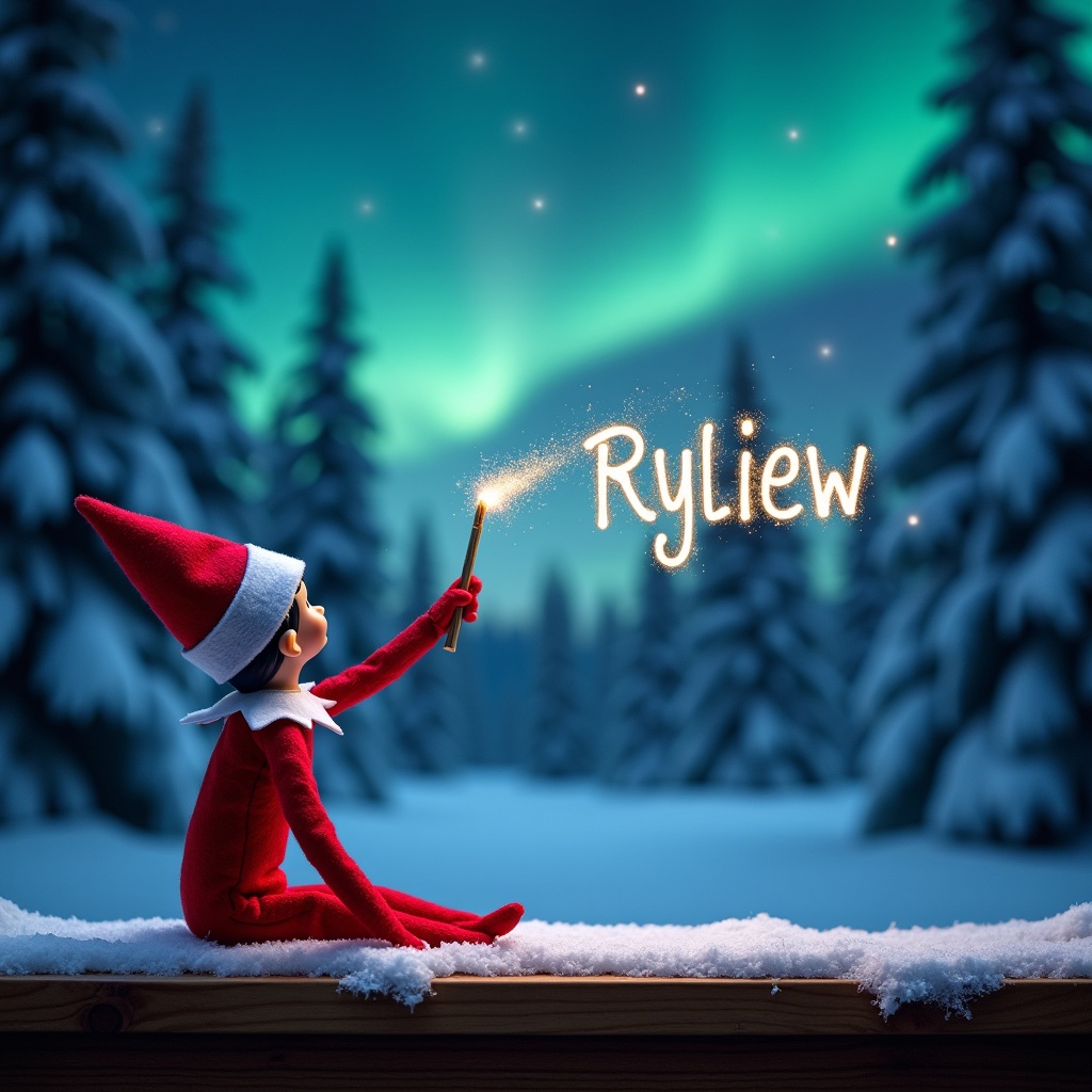 This image depicts an elf on the shelf with its back turned, gazing up at a beautiful magical sky. The elf is using a wand to trace the name 'Ryleigh' in the air, creating a sparkling effect. The background is filled with a winter wonderland, featuring snow-covered trees and vibrant northern lights illuminating the night sky. The scene evokes a sense of wonder and holiday magic. This image captures the spirit of Christmas and personalization for children celebrating the season.