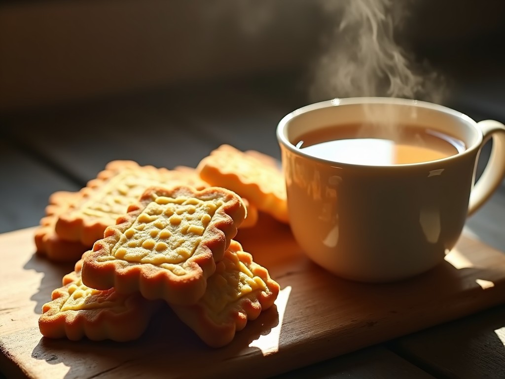 A steaming cup of coffee with a stack of buttery biscuits on a wooden table, warm sunlight streaming in.