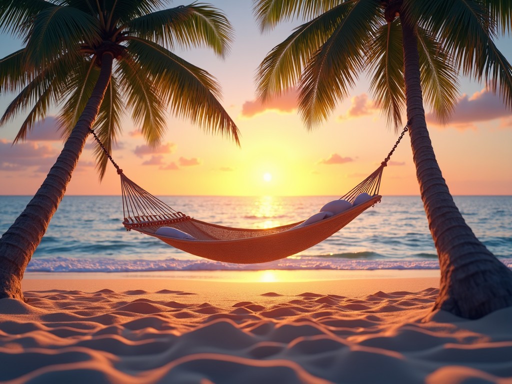 A tranquil scene depicting a hammock set between two palm trees on a sandy beach. The sun is setting on the horizon, casting warm orange and pink hues across the sky. Gentle waves are lapping at the shore, adding a soothing sound to the environment. The hammock is inviting and embellished with soft pillows, perfect for relaxation. This image captures the essence of a peaceful tropical getaway.