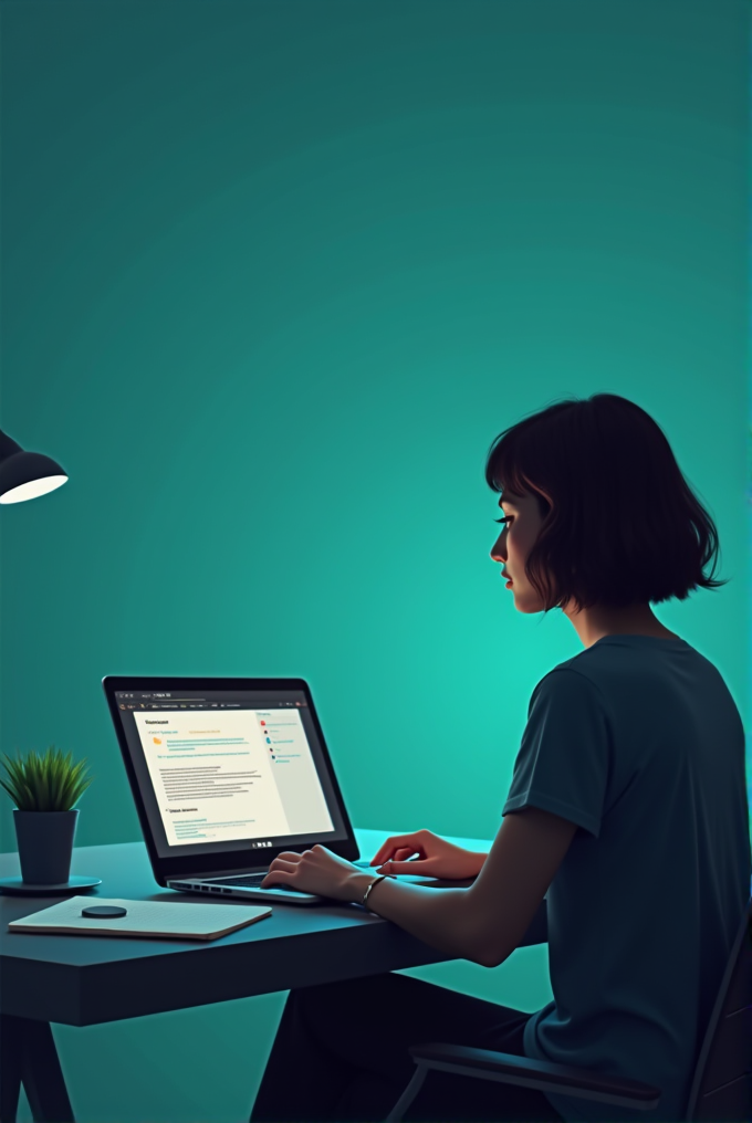 A woman is focused on her laptop in a dimly lit, teal-colored room, creating a calm and studious atmosphere with a notebook and plant beside her.