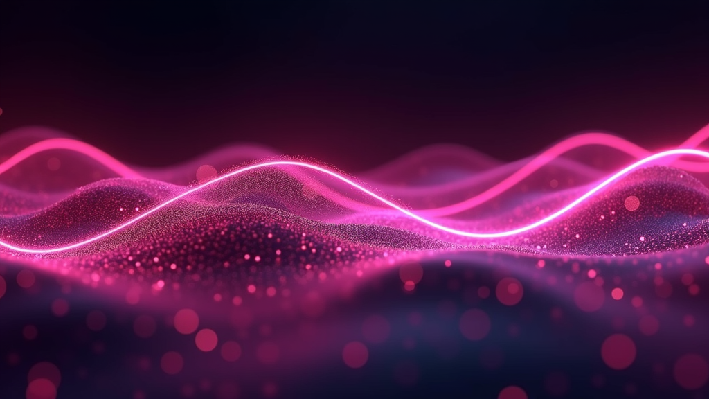 Vibrant pink waves of light gracefully curve against a dark backdrop, creating an abstract, energetic scene filled with glowing particles.