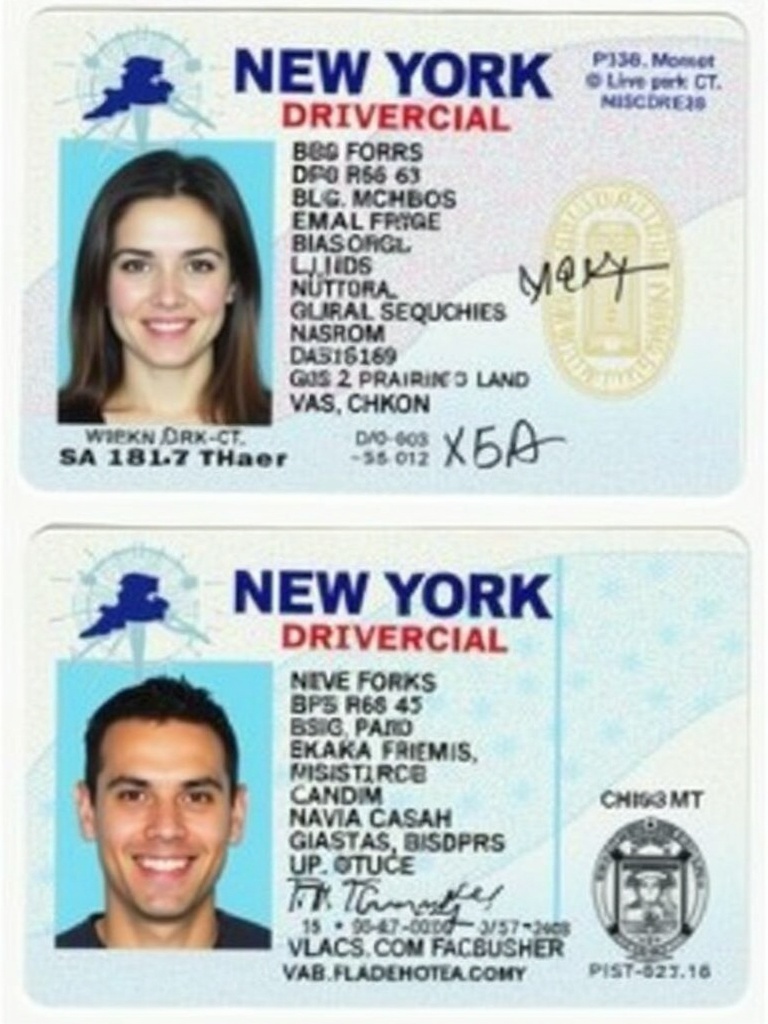 The image showcases the front side of a New York driver license. It displays personal information such as name and birth date. The card features official design elements and an identification photo.