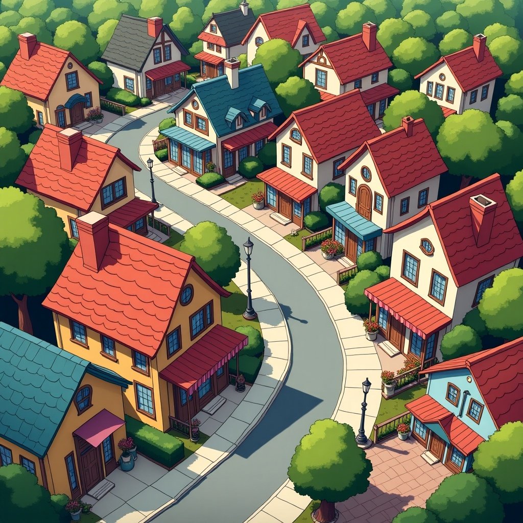 2D representation of a town with houses, buildings, and shops viewed from above. Bright and colorful design making the town appear inviting and lively.