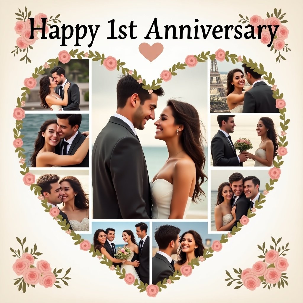 Collage design for 1st anniversary celebration. Features heart shape, soft floral decorations. Photos of a couple from various romantic moments.