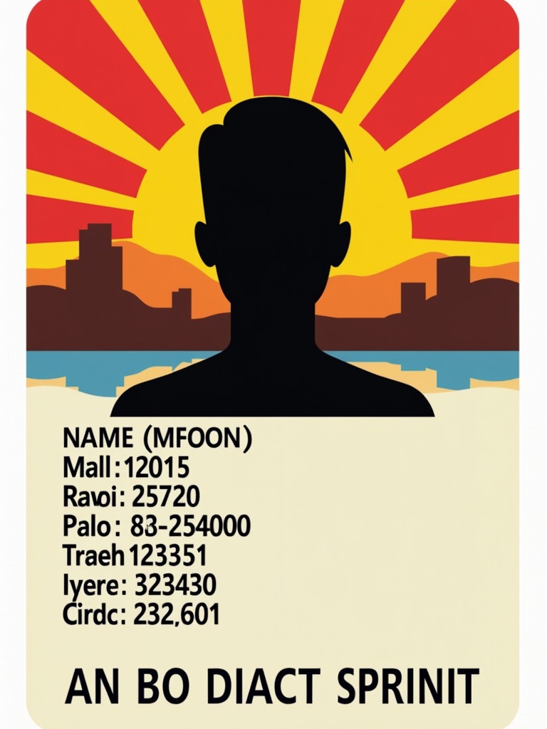 Graphic illustration of an Arizona state identification card. Features vibrant sunset background with red and yellow rays. Black silhouette represents a person. Various fictional details like name and mall printed on the card. Clear indication of its purpose as an identification document.