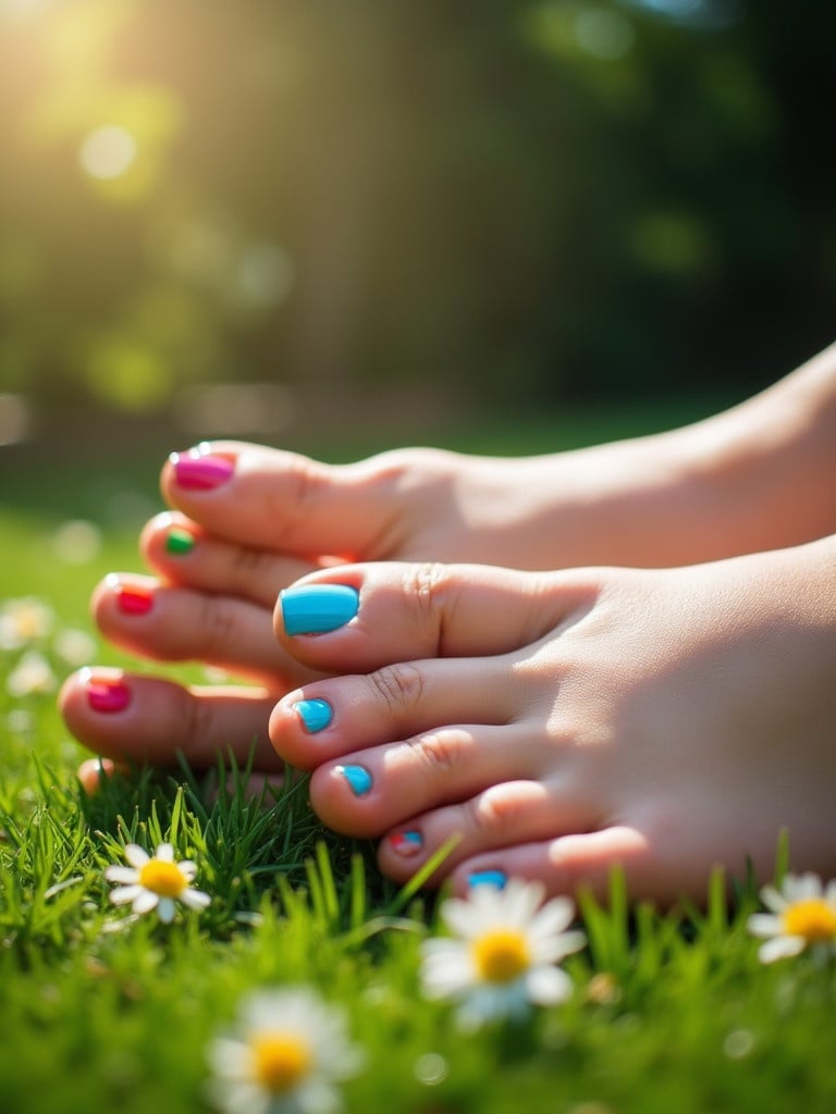 Colorful polished toes on green grass with daisies in the background. Bright sunlight shines on the feet, highlighting the vibrant nail colors. The scene suggests relaxation and enjoyment of nature.