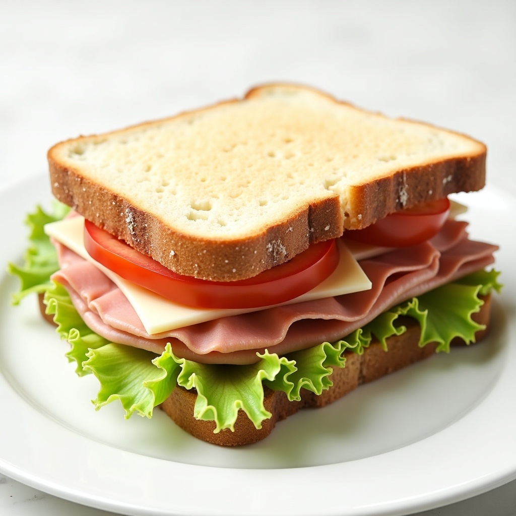 The image showcases a delicious sandwich made of ham and white cheese. It is layered with fresh, crisp iceberg lettuce and slices of ripe tomato. The bread is a light brown toast, complementing the ingredients beautifully. This sandwich is placed on a simple white plate against a light background. The presentation highlights the freshness and appeal of the ingredients, making it ideal for a lunch option.