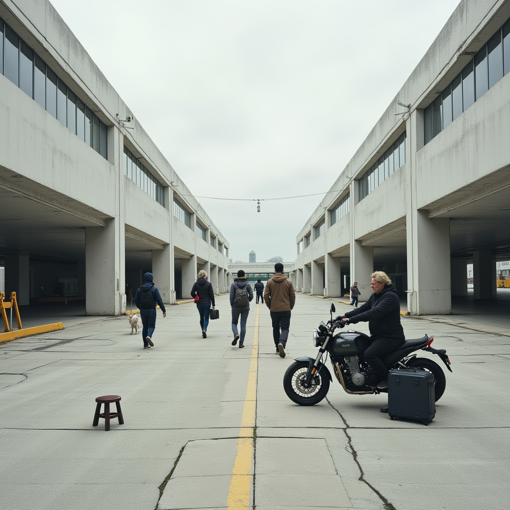 The image captures a wide alleyway flanked by two large, concrete buildings with extensive windowed facades. The scene conveys a sense of urban stillness, with overcast skies lending a moody ambiance. In the foreground, an individual sits on a black motorcycle, positioned next to a suitcase on the ground. A small round stool is placed on the pavement nearby. In the background, a group of people, bundled in jackets, walk away from the camera. A dog trotting alongside one of them adds a casual touch. The scene feels both cinematic and serene.