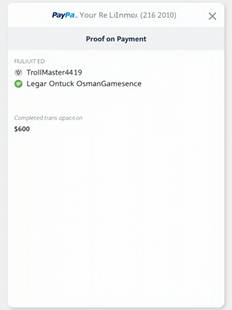 Image depicts proof of payment from PayPal. Payment is from TrollMaster419 to OsmanGamesense. Document shows a completed transaction amount of 600 dollars. PayPal branding is present with bold text. Layout is clear and professional.