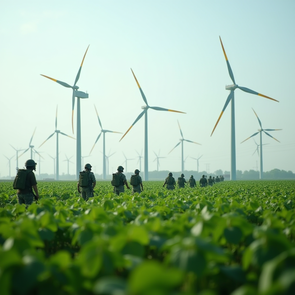 Soldiers walk through a lush field with towering wind turbines in the background.