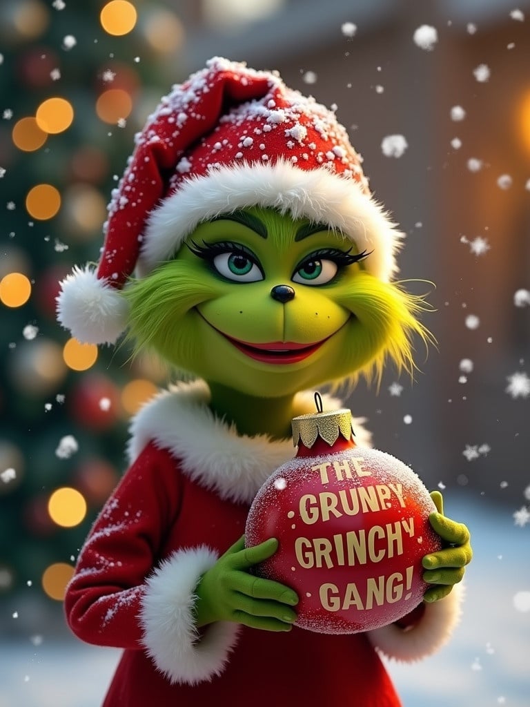 A Grinch character in a red Santa outfit holds a Christmas ornament. The ornament reads 'The Grumpy Grinch Gang'. Snow falls in a background filled with Christmas lights. Atmosphere is joyful and festive.