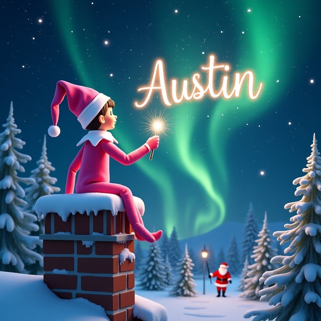 A pink elf on a chimney, back facing. Holding a sparkling wand to write 'Austin' in the sky. Northern lights are above. Snowy trees surrounding. Santa Claus in the distance. The scene conveys a magical holiday spirit for families and children.