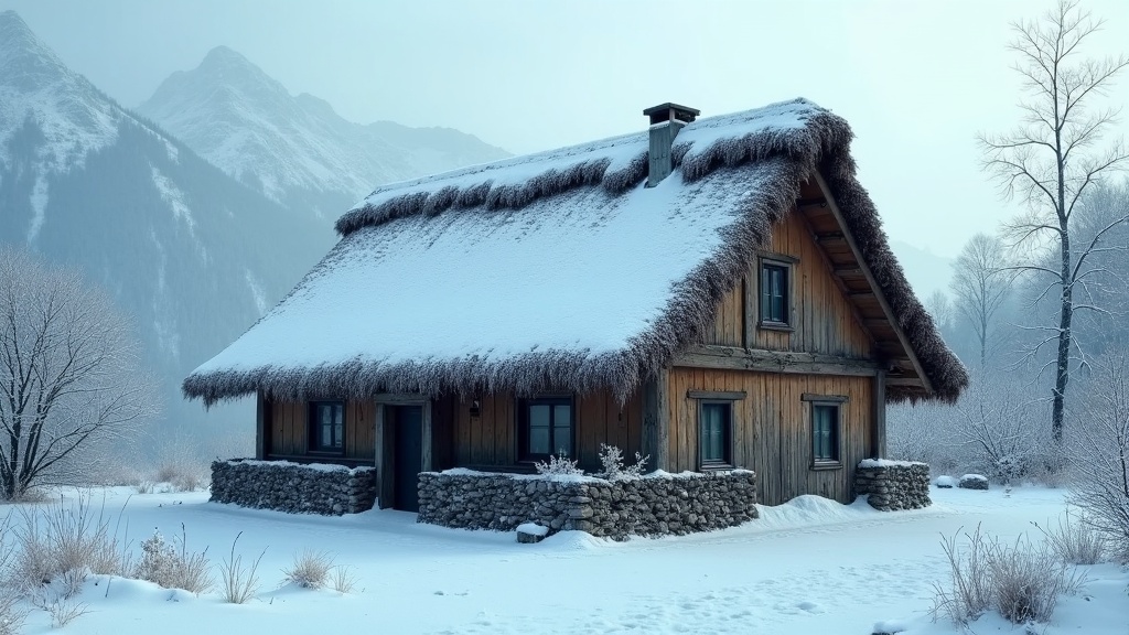 A picturesque scene showcasing a thatched house in a serene winter setting. The house is blanketed with a thin layer of snow, emphasizing its rustic charm. In the background, distant mountains are lightly dusted with snow, adding depth to the landscape. The lighting is soft and diffused, creating an ethereal atmosphere. This realistic depiction evokes a sense of tranquility and warmth despite the cold environment.