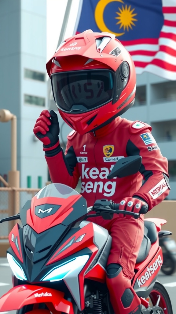 A motorcyclist dressed in a striking red racing suit and helmet is seen riding a sleek, futuristic red motorcycle. The rider's pose suggests a thumbs-up action, adding a dynamic and enthusiastic tone to the scene. In the background, a Malaysian flag is prominently displayed, indicating a location or cultural connection.