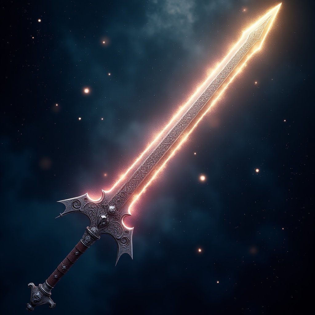 An astral longsword is depicted. The sword is long and elegantly designed. It glows with an ethereal light. The background is dark, enhancing the sword's luminescence. Intricate patterns decorate the blade. A fantasy-inspired design is evident throughout.