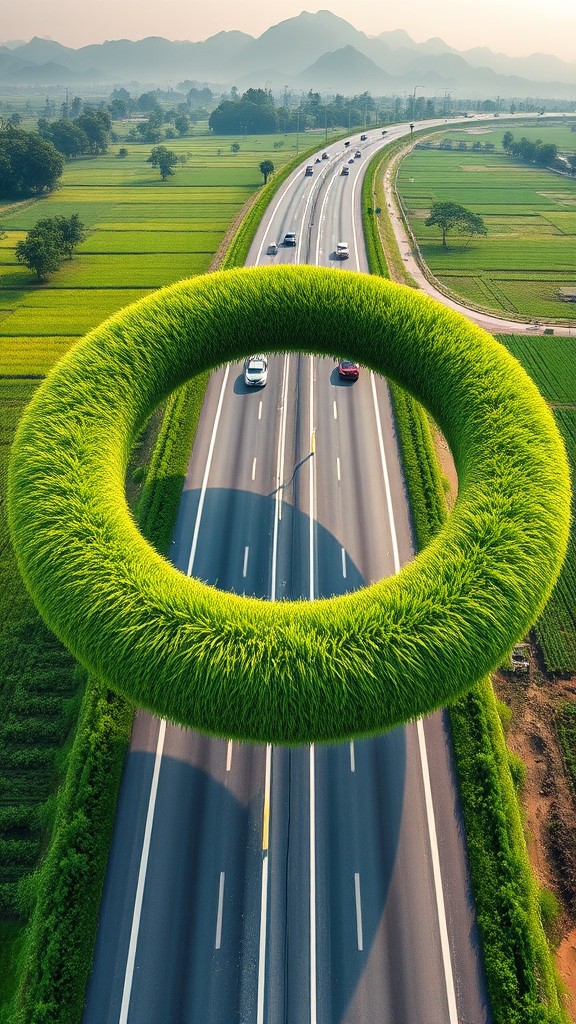 A surreal grassy ring floats above a highway surrounded by lush fields and distant mountains.