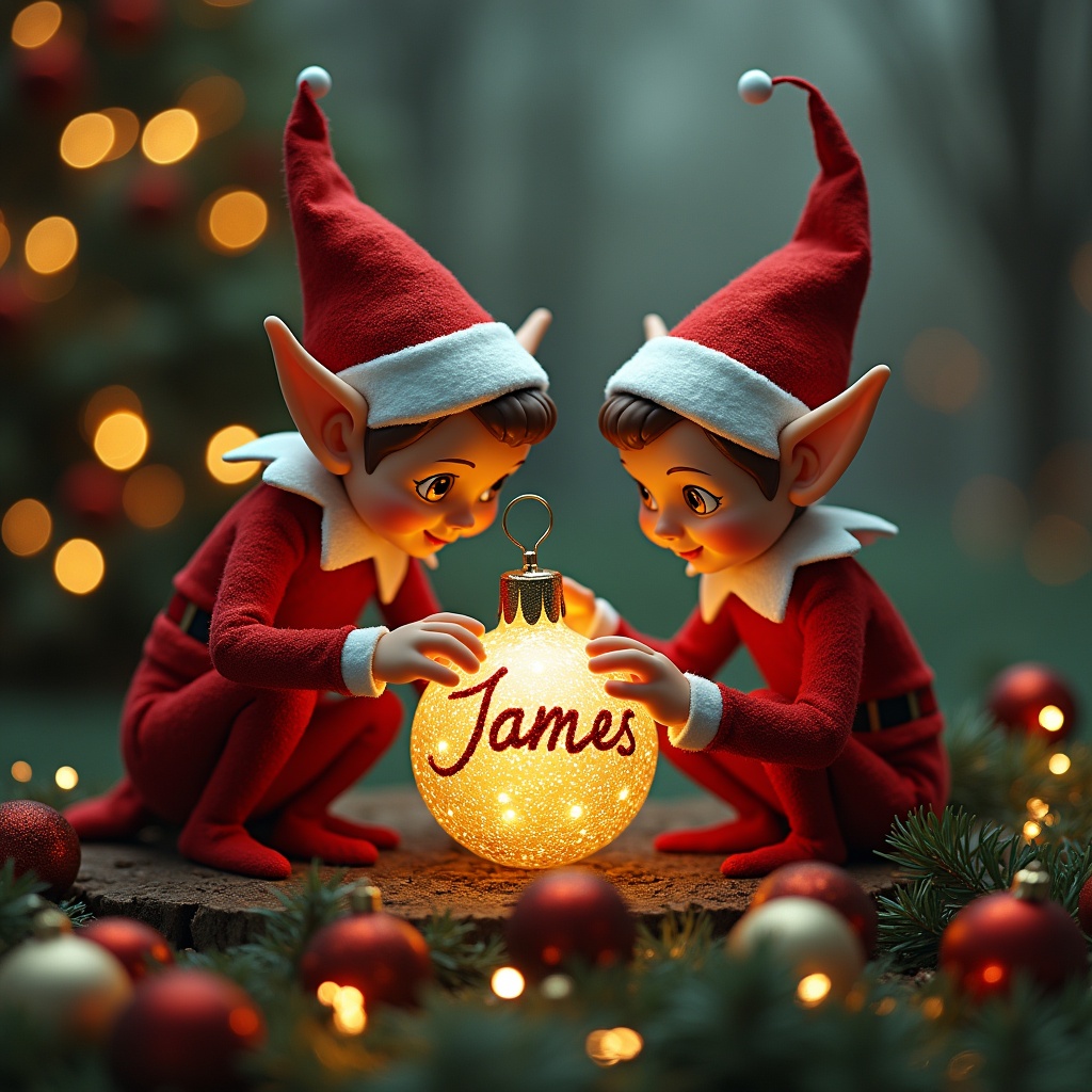 Two elves dressed in red and white dresses focusing on a shining bauble engraved with the name 'James'. Magical holiday spirit conveyed with soft lighting and a blurred Christmas tree in the background.