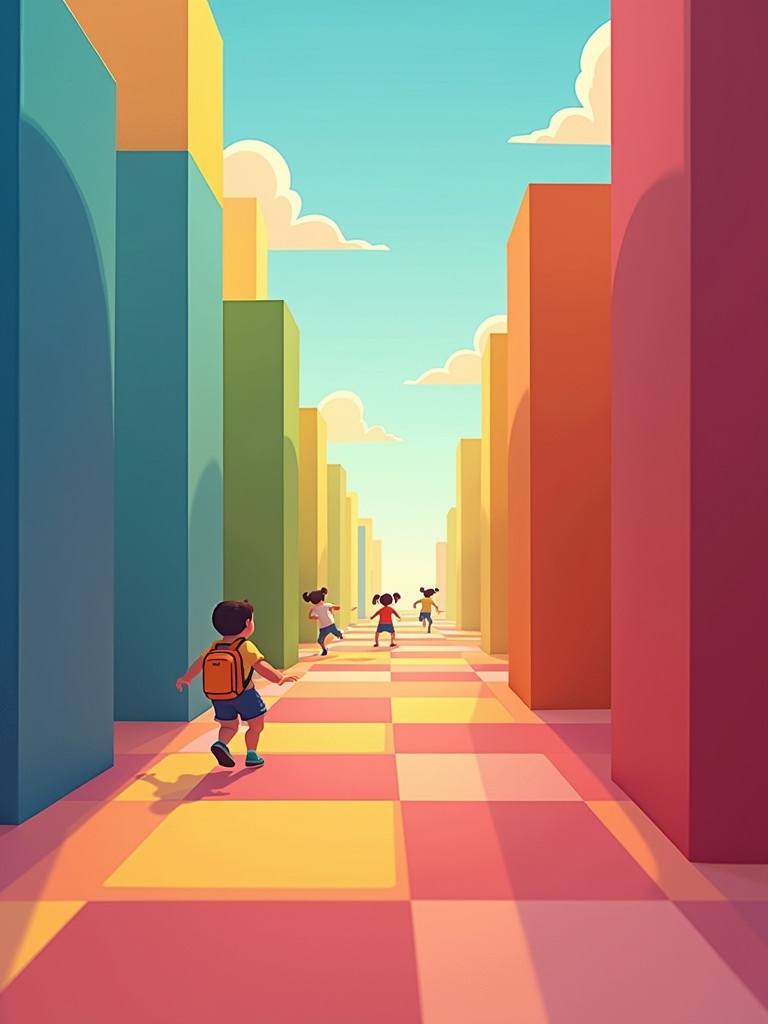 A group of children running through a colorful pathway surrounded by tall, vibrant squares. The setting is playful and inviting.