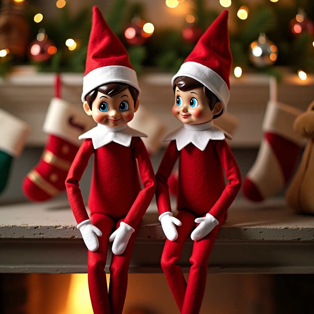 This image features two cheerful Elf on the Shelf dolls named Koby and Mack. They are dressed in classic red outfits with white collars and gloves. The backdrop is adorned with twinkling lights and festive stockings, creating a cozy holiday atmosphere. The elves are positioned side by side, exuding a playful charm. This scene captures the essence of Christmas joy and the enchanting spirit of the holiday season.