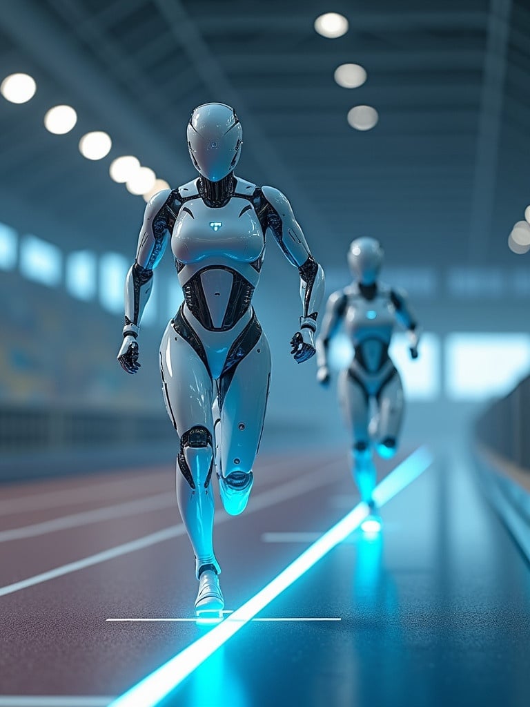 Futuristic scene with humanoid robot running on athletic track. Robot is passing glowing blue baton from human teammate. Both wear pant suits. Emphasizes lightning speed and modern athleticism.