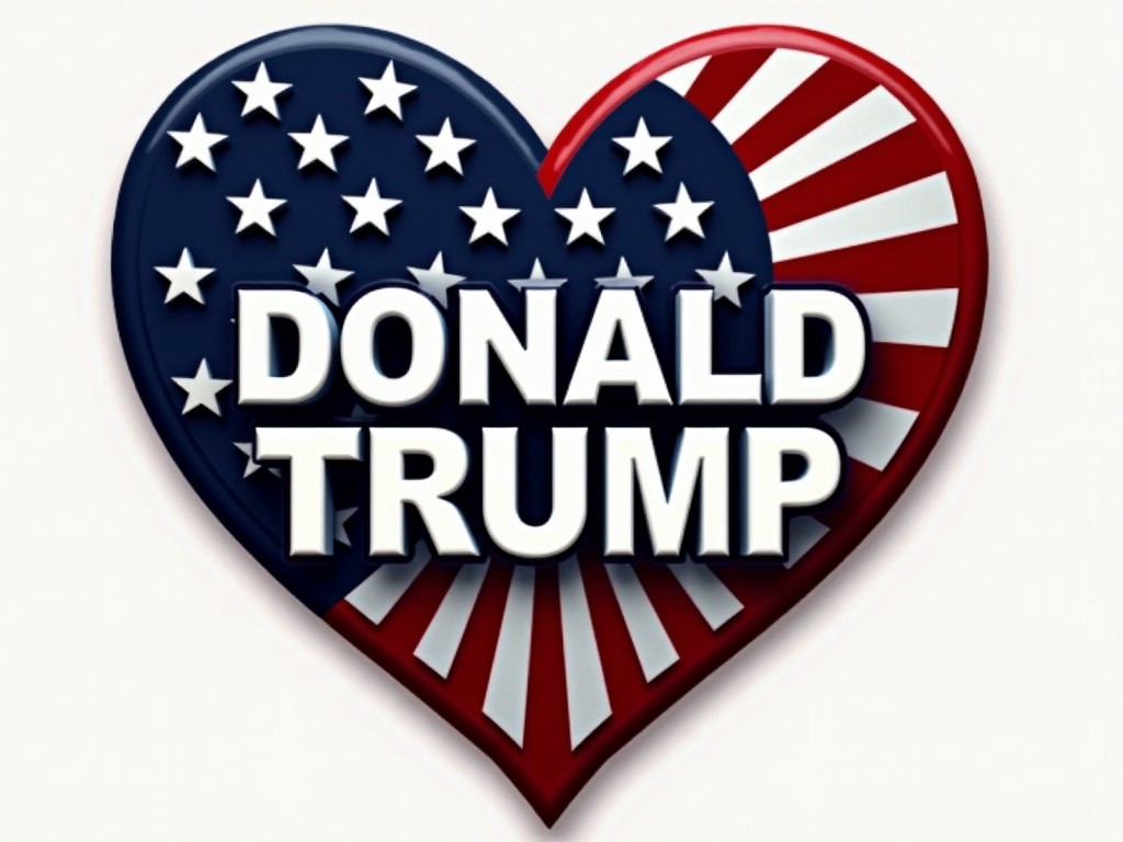 The image features a heart-shaped design combining the stars and stripes of the American flag. The left side is blue with white stars, while the right side has red and white rays. The name 'Donald Trump' is prominently displayed in bold white letters across the heart, centered to emphasize significance and patriotism.