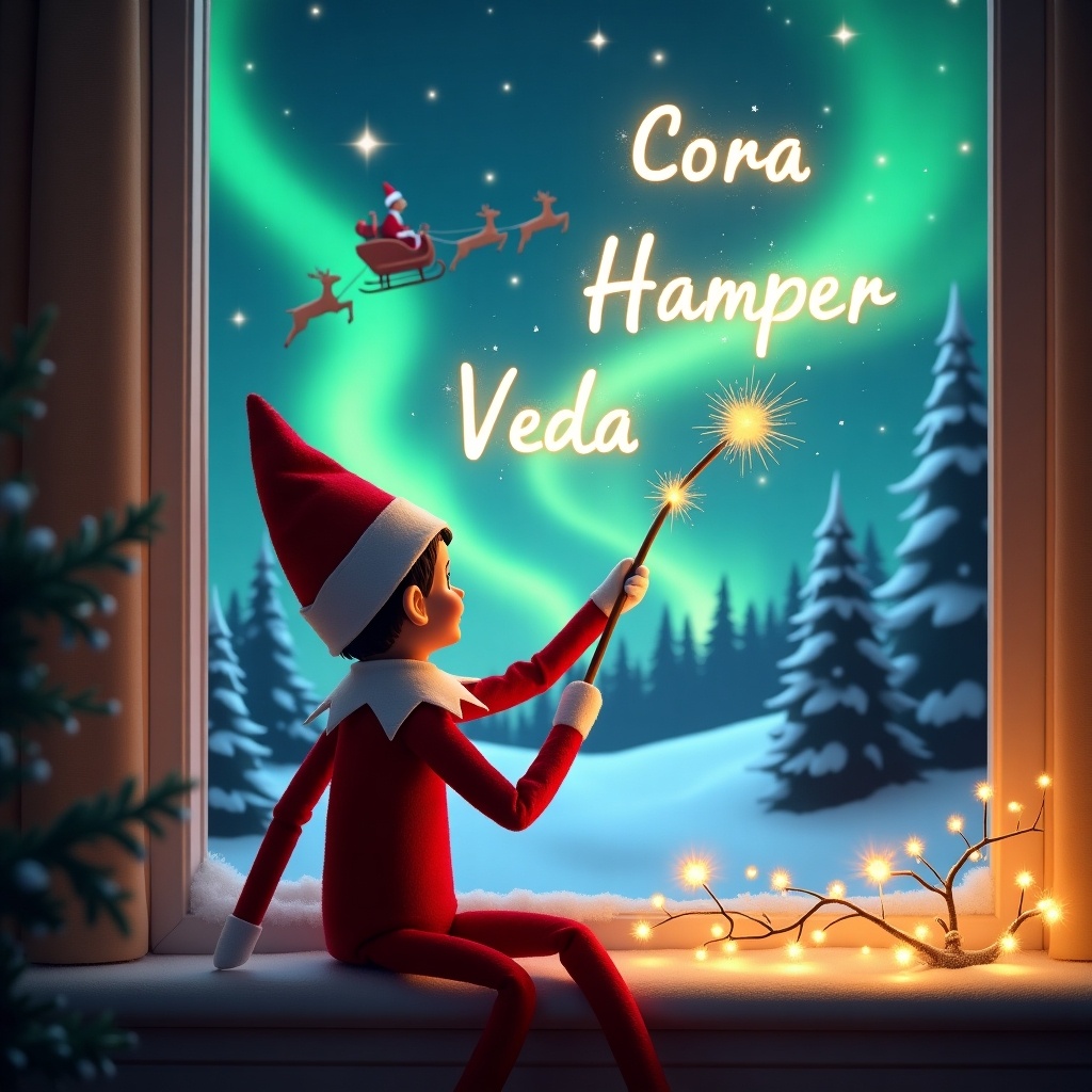 An enchanting Christmas scene shows an elf on the shelf, dressed in red and white, joyfully using his magic wand. He is facing the sky, with his back to the viewer, creating sparkling names in a glowing script, including Cora, Hamper, and Veda. The backdrop features vibrant northern lights that enhance the magical ambiance of the night. In the distance, Santa's silhouette flies in a sleigh with reindeer, creating a festive spirit. Warm light emanates from the window, illuminating the snowy landscape and pine trees outside, completing this whimsical holiday scene.