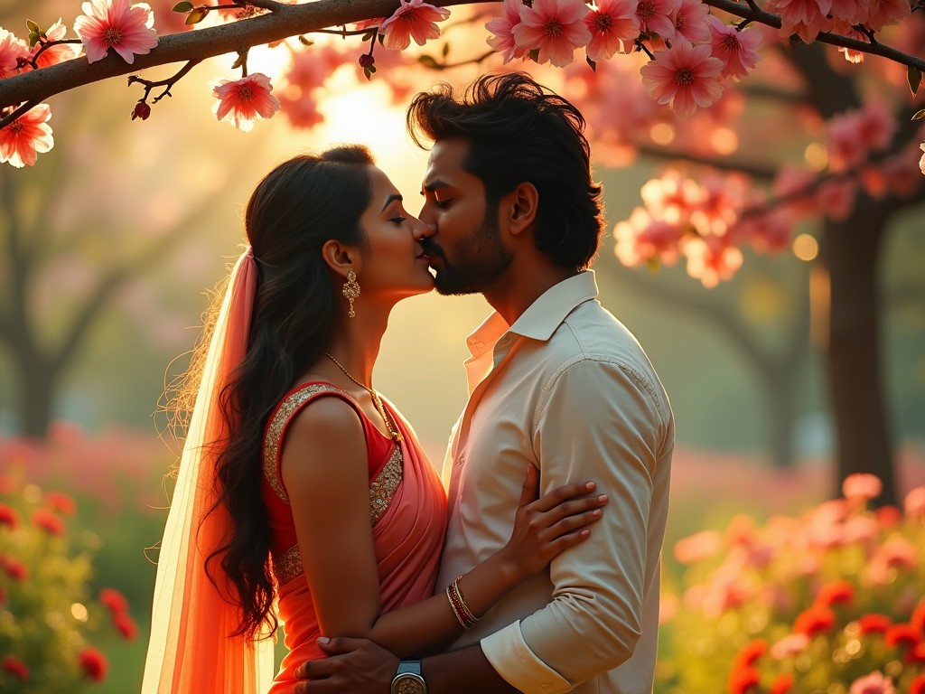 A romantic scene featuring a couple embracing in a lush garden filled with pink flowers. The two individuals are dressed in traditional attire, exuding love and affection as they share a kiss. Soft sunlight filters through the trees, casting a warm glow. The floral backdrop adds to the enchanting ambiance. This image captures the essence of romance and beauty in nature, making it ideal for various romantic themes.