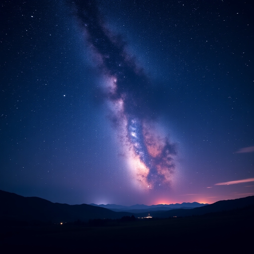 A breathtaking view of the night sky unfolds, showcasing a galaxy of vibrant stars. The Milky Way stretches impressively across an illuminated twilight sky. Deep blues and purples create a rich backdrop as starlight twinkles above. In the foreground, dark silhouettes of mountains frame the scene while shimmering lights hint at distant settlements. This image captures the enchanting beauty of the cosmos, inviting viewers to explore the wonders of the universe.