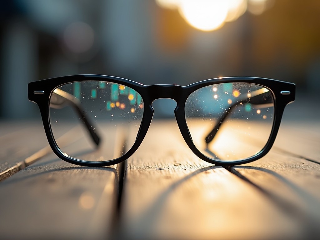 A pair of eyeglasses is placed on a wooden table, creating a modern aesthetic. The black frames give a stylish look, while the lenses capture colorful reflections from the environment. Natural light is filtering through, enhancing the artistic qualities of the scene. The background is delicately blurred, ensuring the eyeglasses remain the main focus of the image. This close-up shot showcases the intricate details of the lenses and how they interact with light.