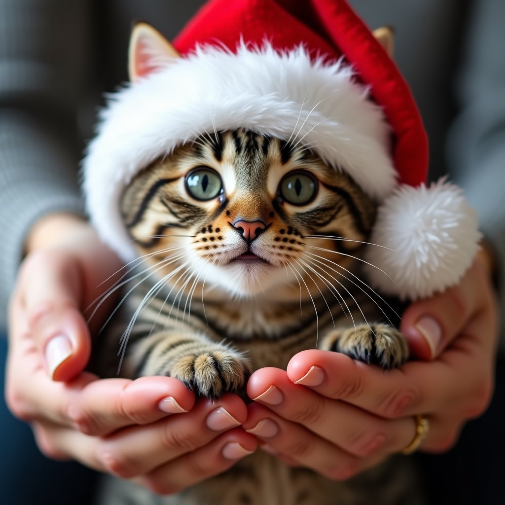 Adorable Cat in Santa Hat Held Gently in Human Hands Perfect Christmas Pet Moment Flux AI Image