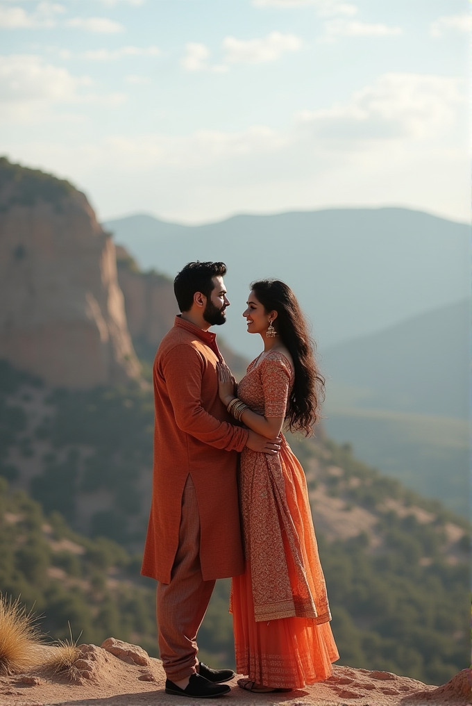 A couple dressed in orange traditional attire stands together on a mountain cliff, enjoying a scenic view.