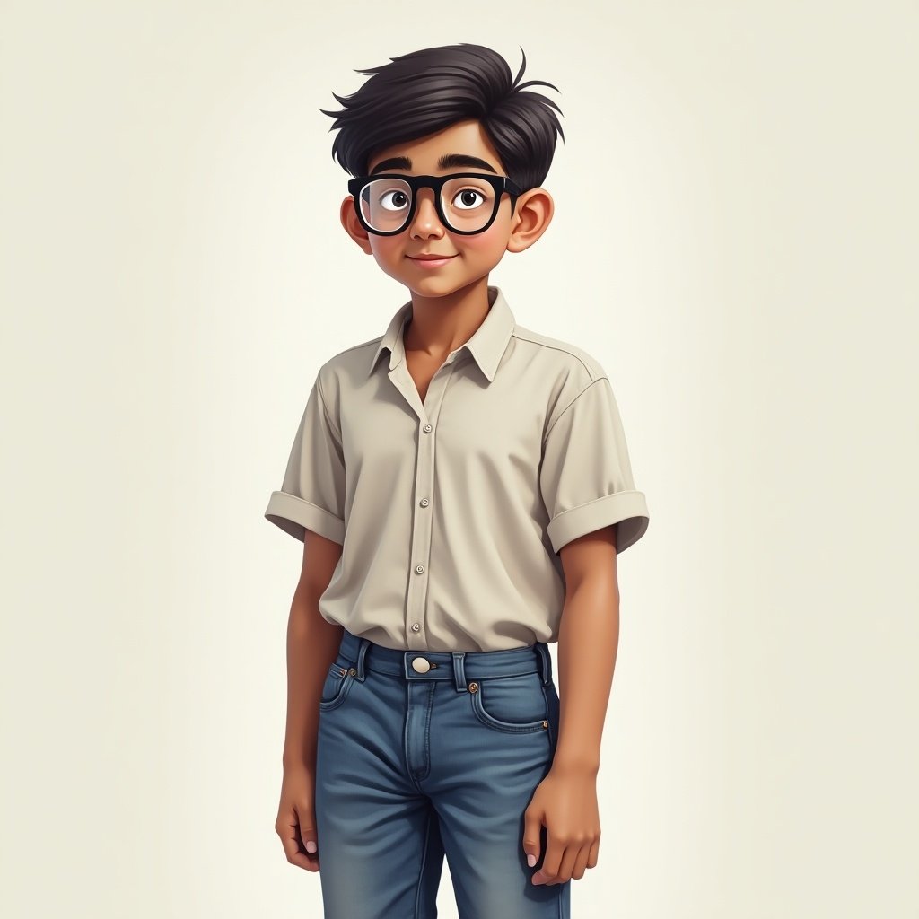 The image features a young animated Indian boy, around 20 years old, with a slightly chubby build and a clean-shaven face. He has black hair styled neatly and wears transparent glasses that add to his charming appearance. His outfit consists of a light beige shirt, which is untucked, and blue jeans that fit comfortably. The boy stands confidently in a casual pose, looking directly at the viewer with a friendly smile. The background is a soft, neutral color that emphasizes the character's friendly demeanor.