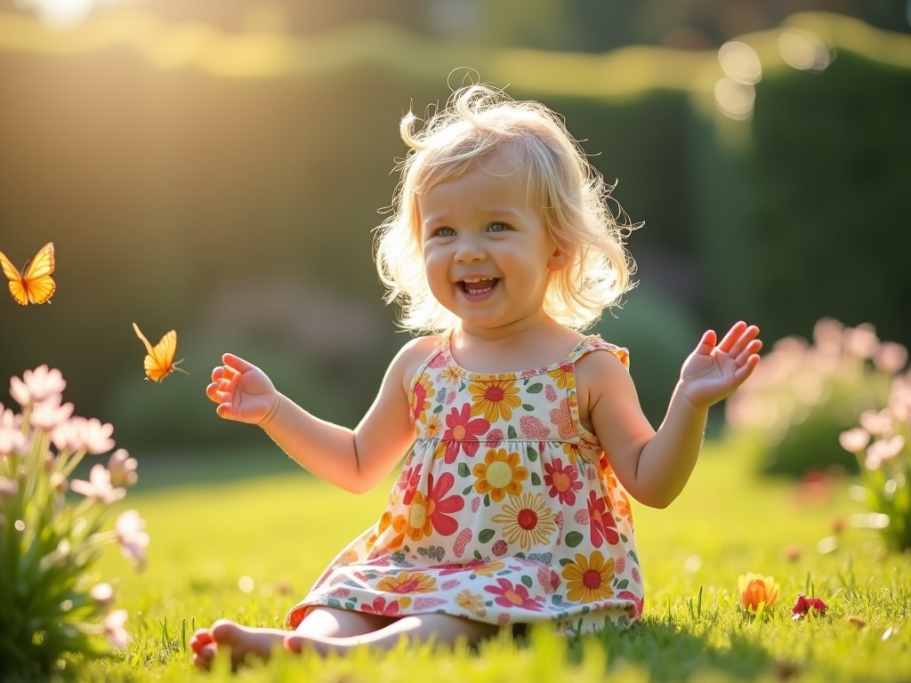 A joyful toddler in a floral dress sitting in a sunlit garden with butterflies around, capturing the essence of innocence and happiness in a natural setting.