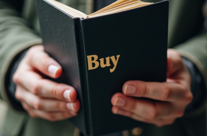 A person holds an open book with the word 'Buy' on the cover, focusing on their hands and the book.