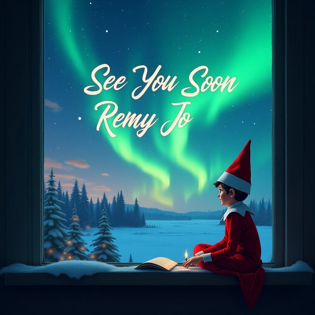 An elf on the shelf is sitting in a cozy nook by a window, writing a message. Outside the window, the sky is illuminated by stunning northern lights in vibrant greens and blues. The room has a warm atmosphere, enhanced by the soft flicker of a candle. The elf wears a classic red suit and hat, looking contemplative as they write 'See You Soon Remy Jo.' Snowy trees and a serene landscape are visible in the background. This whimsical scene captures the magic of the holiday season.