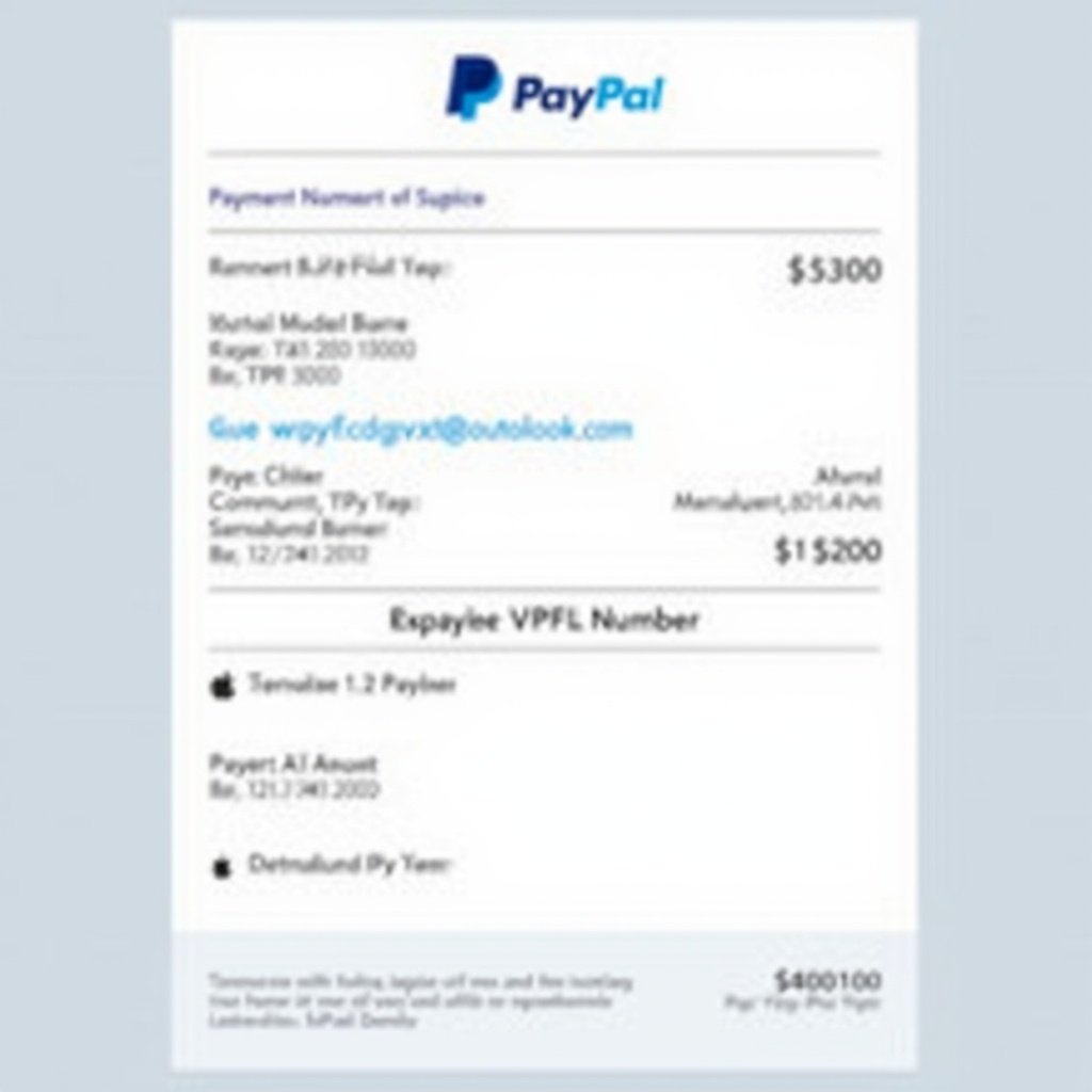 PayPal payment receipt shows transaction details. Includes logo, payer info, transaction amount, transaction number. Clean design for online payments.