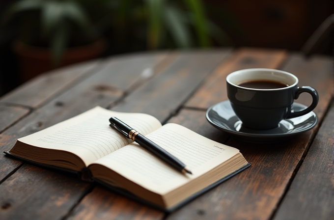 An open book with a pen rests next to a cup of coffee on a rustic wooden table.