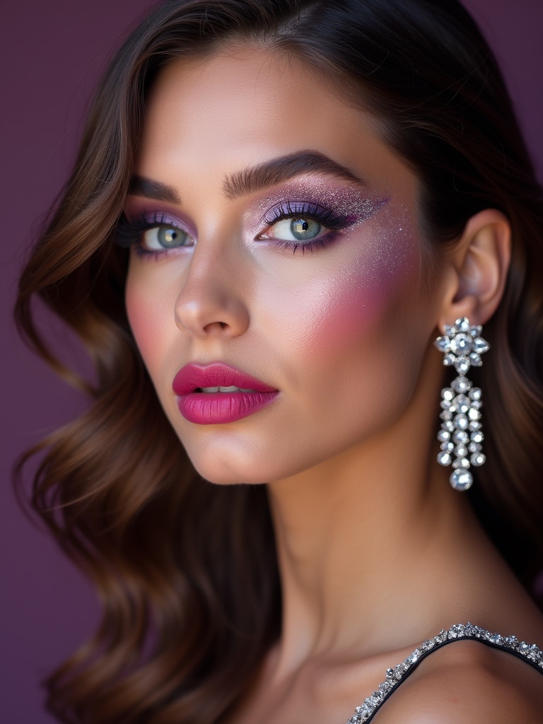 Close-up portrait of a young woman with light brown hair styled in soft waves. Glamorous sparkling diamond earrings shine beautifully. Striking makeup with light purple and silver eyeshadow and bright pink lipstick. Perfect lighting highlights her flawless skin and jewelry. Background features a mix of dark and light purple tones, enhancing the elegance and beauty of the image.