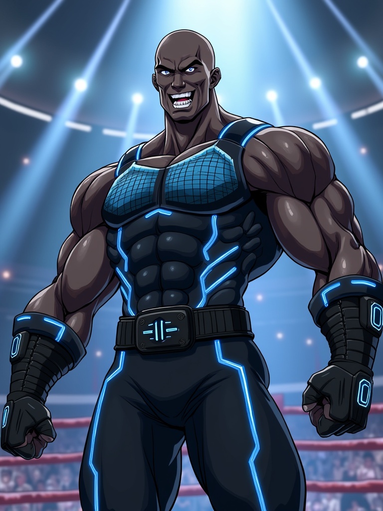 Muscular anime character inspired by Bob Sapp. Wears futuristic outfit with blue-lit grids. Represents adventure and determination. One clenched fist one open hand. Strong confident posture. Bald head with sharp features in anime style. Broad shoulders tall majestic figure. Dynamic lighting boxing ring background full body shot.