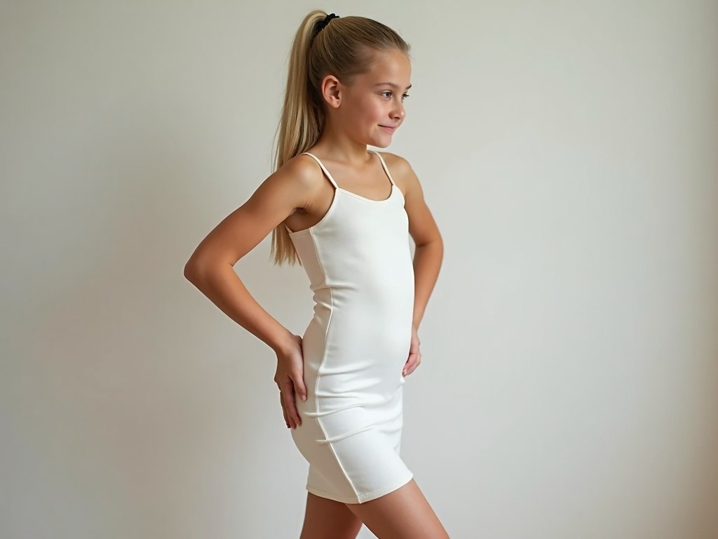 A young girl poses elegantly in a fitted white dress against a neutral background. She stands with her hands on her hips, showcasing a confident demeanor. The dress hugs her figure closely, giving a sleek silhouette. Her long blonde hair is tied back in a neat ponytail, maintaining a clean look. The soft lighting highlights her youthful features, creating a serene atmosphere. The image captures the essence of modern youth fashion, focusing on simplicity and elegance.