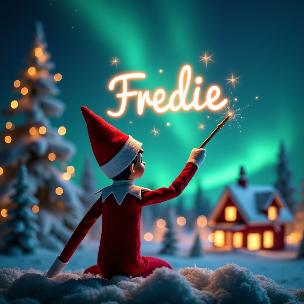 An enchanting Christmas scene featuring an elf on the shelf, facing the sky with his back to the viewer. The elf, dressed in red and white, wields a magic wand, writing 'Freddie' in a glowing script above him. The backdrop is adorned with vibrant northern lights, creating a magical ambiance. The scene is festive, embodying the spirit of Christmas with a whimsical twist. The elf's position and action evoke wonder and excitement to capture the joy of the holiday season.