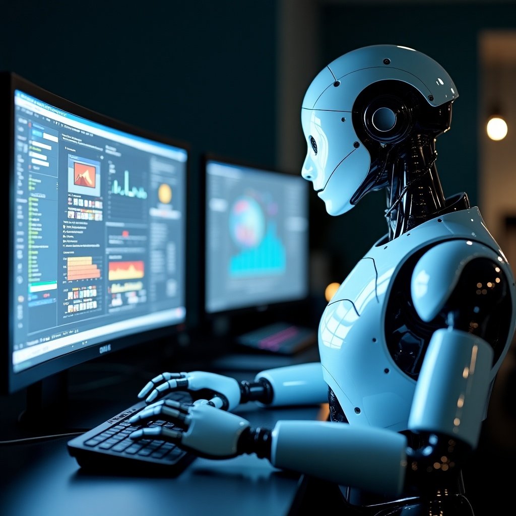 A human robot is operating a computer using a mouse and keyboard. The robot is focused on two large monitors displaying various data and graphics.