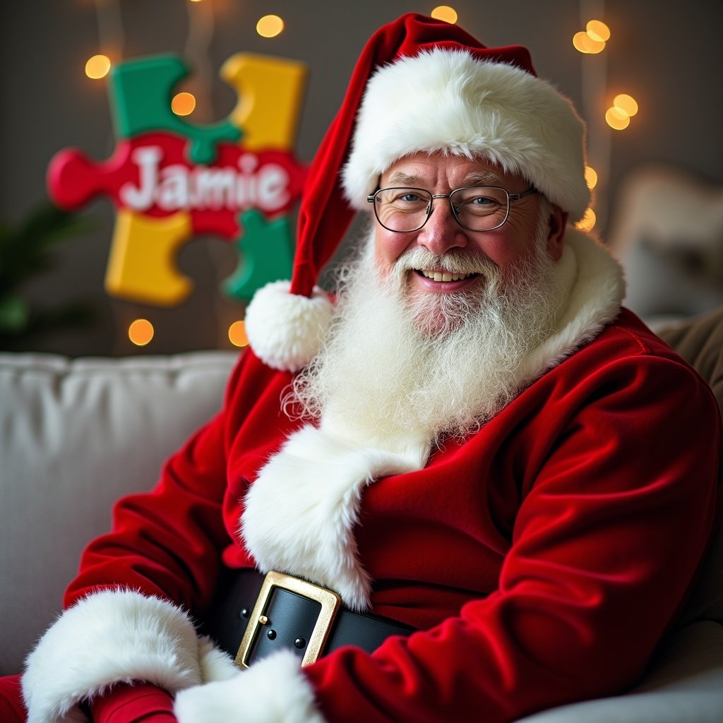 Image features a traditional Santa Claus in a red suit sitting on a couch. Colorful puzzle pieces symbolize autism with the name 'Jamie.' Background has soft Christmas lights creating a cozy atmosphere. Santa exudes a friendly and inviting demeanor, promoting joy and inclusivity during the holidays.