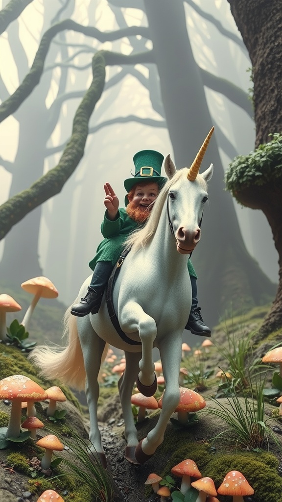 A whimsical digital illustration features a cheerful leprechaun riding a unicorn through an enchanting forest. The scene is set with lush greenery and an abundance of toadstools, as fog weaves through the towering trees, adding a layer of mystery and magic. The leprechaun, dressed in traditional green attire, joyfully raises his hand in greeting.