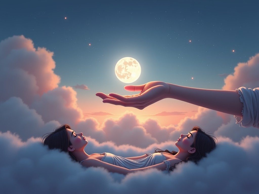 In a whimsical scene, two figures lay peacefully on soft clouds as a large hand reaches out towards a glowing moon. The background is filled with a serene night sky, twinkling stars surrounding the moon. The figures, dressed in light attire, convey a sense of calm and tranquility. The soft pastel colors blend beautifully to create a dreamy atmosphere. This artistic representation evokes feelings of hope and longing as the hand symbolizes guidance towards dreams.