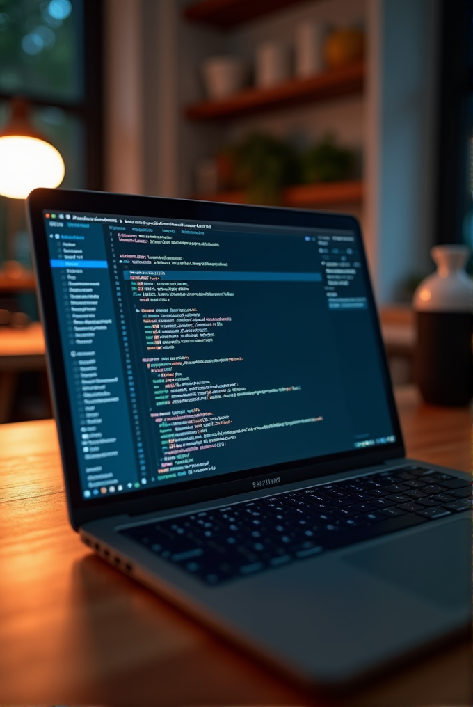 A laptop displaying code sits on a wooden desk in a warmly lit room.