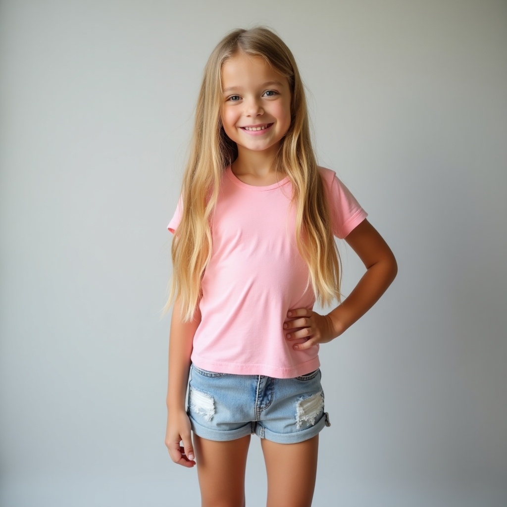 This image features a seven-year-old girl with long blonde hair. She is wearing a fitted pink t-shirt and denim shorts. The background is a soft gray, which enhances her youthful charm. The lighting is soft and inviting, creating a warm atmosphere. Her relaxed pose with one hand on her hip shows confidence. This captures a delightful moment in childhood, emphasizing comfort and innocence.