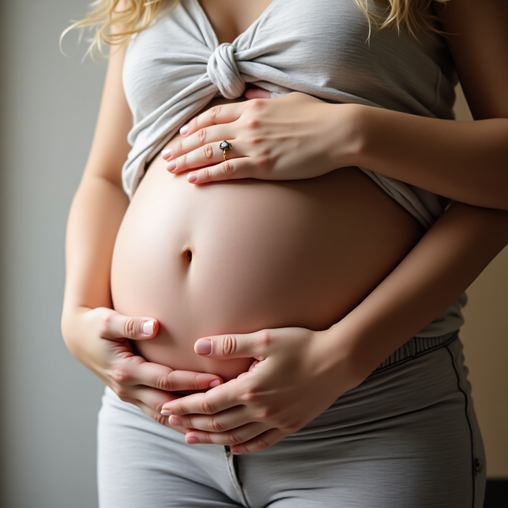 A pregnant girl gently rubbing her belly. She wears a gray top and shows tenderness toward her pregnant belly. The focus is on the hands and the belly.