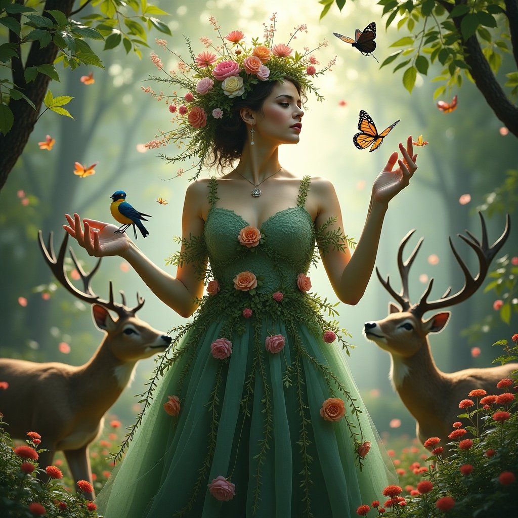 A female figure embodies nature. She wears a crown made of flowers and foliage. Her gown is made of vines. Butterflies flutter around her. Deer and songbirds surround her. The scene is mystical and serene.